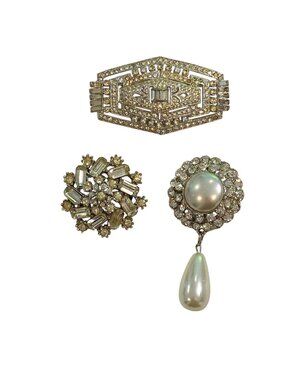 Vintage Crystal & Faux Pearl Brooch Set - Art Deco & Mid-Century Style - Lot Of